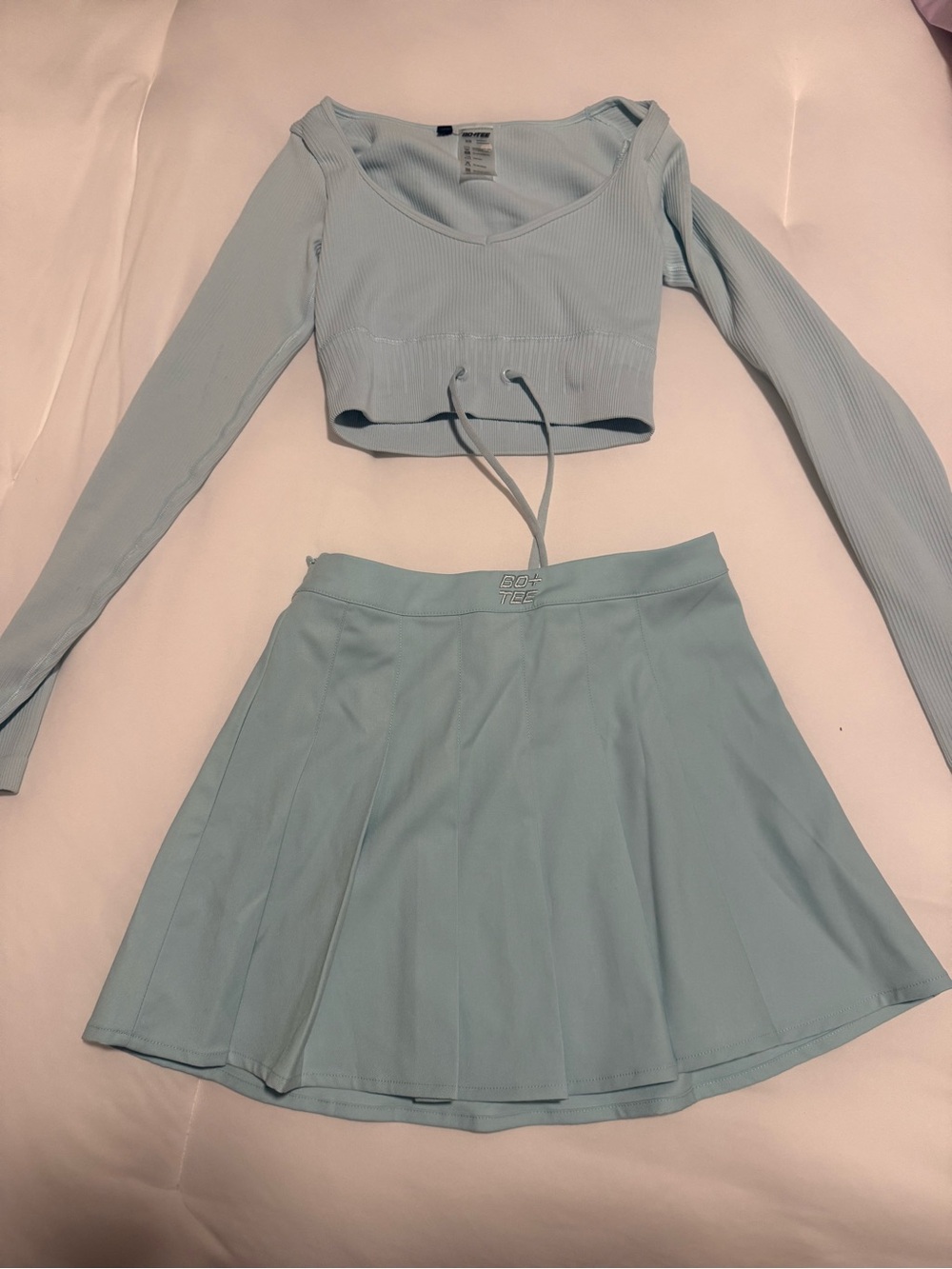 Women’s Light Blue Ribbed Long-Sleeve Crop Top & Skirt Set